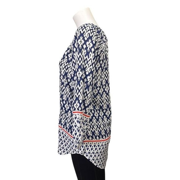 BeachLunchLounge Blue/White Ikat Aztec Print Blouse Peasant XS relaxed Fit - Picture 3 of 7